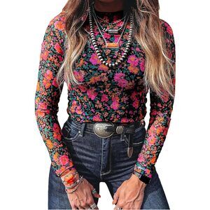 Long Sleeve Mesh Tops for Women Floral Print Sheer Blouses Mock Neck See